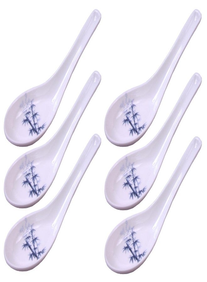 Happy Sales Melamine Soba, Rice Spoons, Asian Chinese Won Ton Soup Spoon, 6 Pack Blue Bamboo Design - Image 1