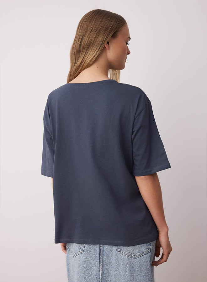 trendyol Anthracite 100% Single Jersey Oversize/Wide Fit Lemon Printed Knitted T-Shirt - Image 4