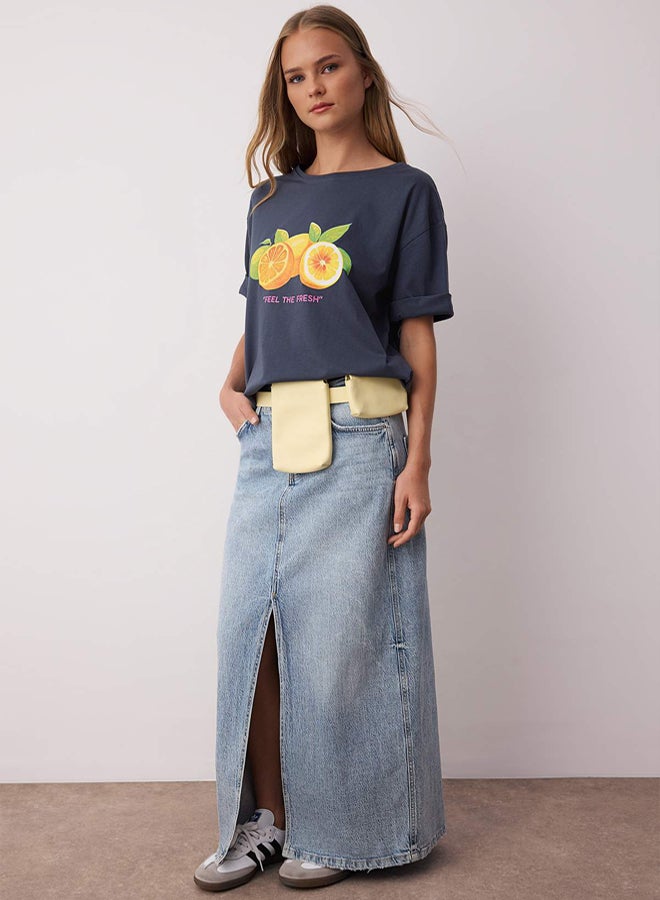 trendyol Anthracite 100% Single Jersey Oversize/Wide Fit Lemon Printed Knitted T-Shirt - Image 2