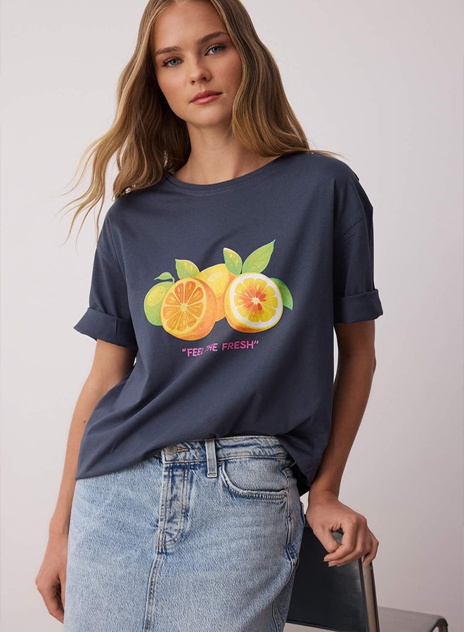 trendyol Anthracite 100% Single Jersey Oversize/Wide Fit Lemon Printed Knitted T-Shirt - Image 1