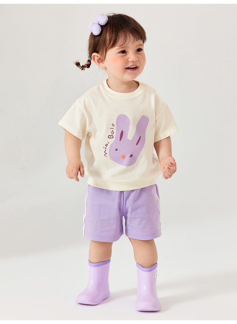 ميني بالا نقطة أزرار طفل غريبة جنسًا بطبعة خرخاش كرتوني لطيف بأكمام قصيرة وقصر، قطعة ناعمة وقابلة للتنفس، خطوط جانبية متناقضة، إغلاق زر مزدوج، رائعة للارتداء اليومي وللوقت اللعبي والمرح الخارجي مجموعة فستان طفل - Image 1