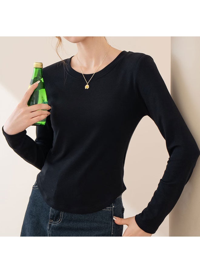 Don't speak Bieyu Women's Round Neck Base Shirt Curved Hem Spring Autumn Long Sleeve T-shirt Slim Fit Black M - Image 2