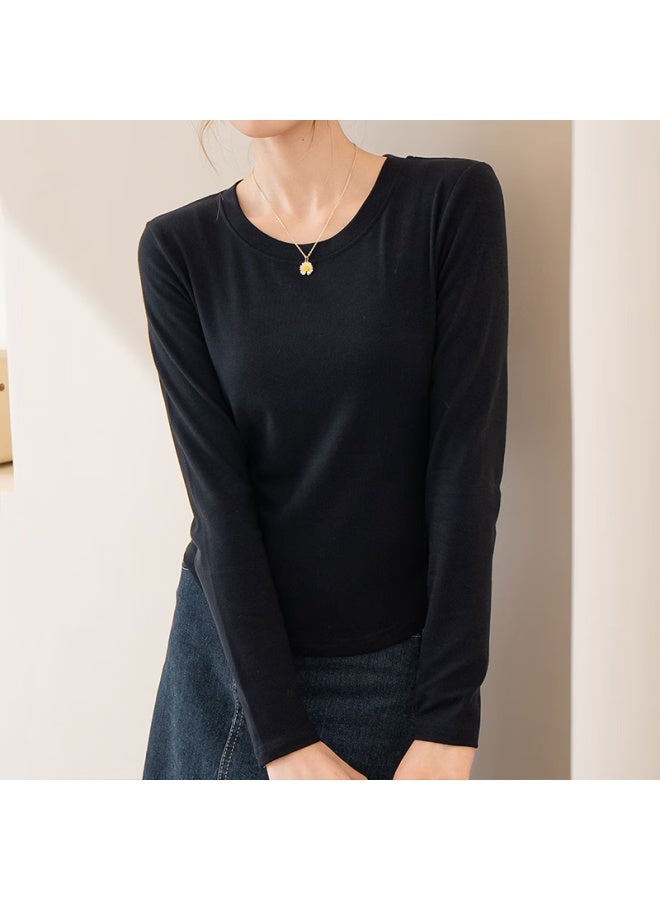 Don't speak Bieyu Women's Round Neck Base Shirt Curved Hem Spring Autumn Long Sleeve T-shirt Slim Fit Black M - Image 3