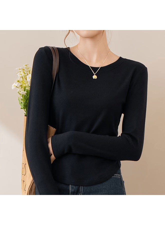 Don't speak Bieyu Women's Round Neck Base Shirt Curved Hem Spring Autumn Long Sleeve T-shirt Slim Fit Black M - Image 1