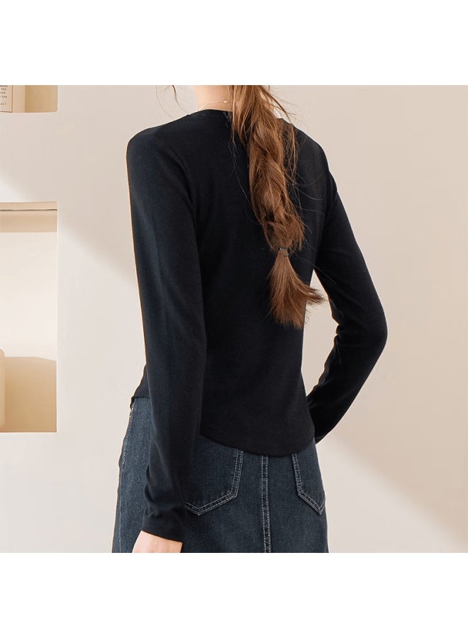 Don't speak Bieyu Women's Round Neck Base Shirt Curved Hem Spring Autumn Long Sleeve T-shirt Slim Fit Black M - Image 4