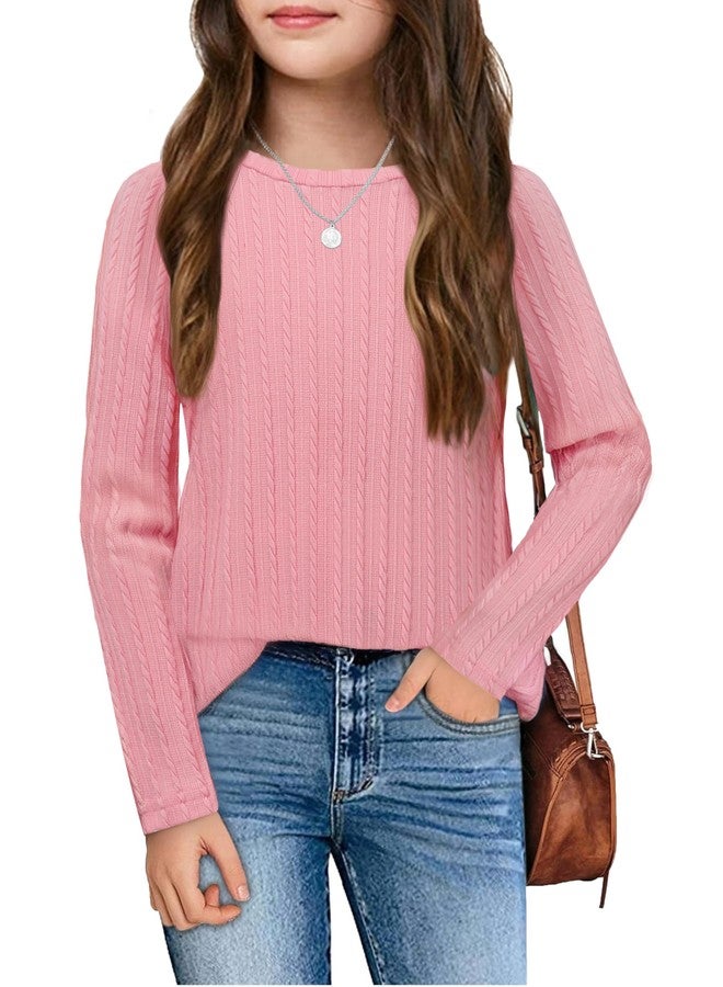 Arshiner قمصان بأكمام طويلة للفتيات من أرشينر قماش محبوك بلوزات للفتيات المراهقات بأكمام راجلان ياقة دائرية وردية للأطفال Tops ناعمة بحجم 9-10 - Image 1