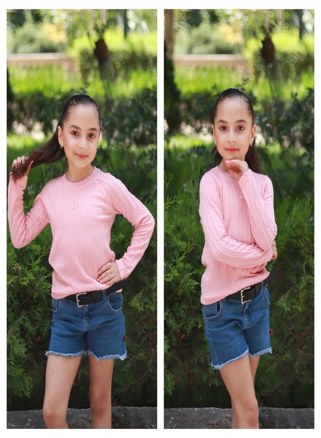 Arshiner قمصان بأكمام طويلة للفتيات من أرشينر قماش محبوك بلوزات للفتيات المراهقات بأكمام راجلان ياقة دائرية وردية للأطفال Tops ناعمة بحجم 9-10 - Image 5