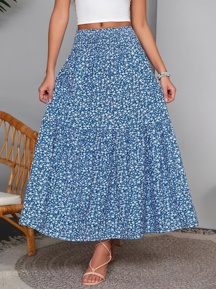 Elastic High Waist A-Line Floral Maxi Skirt