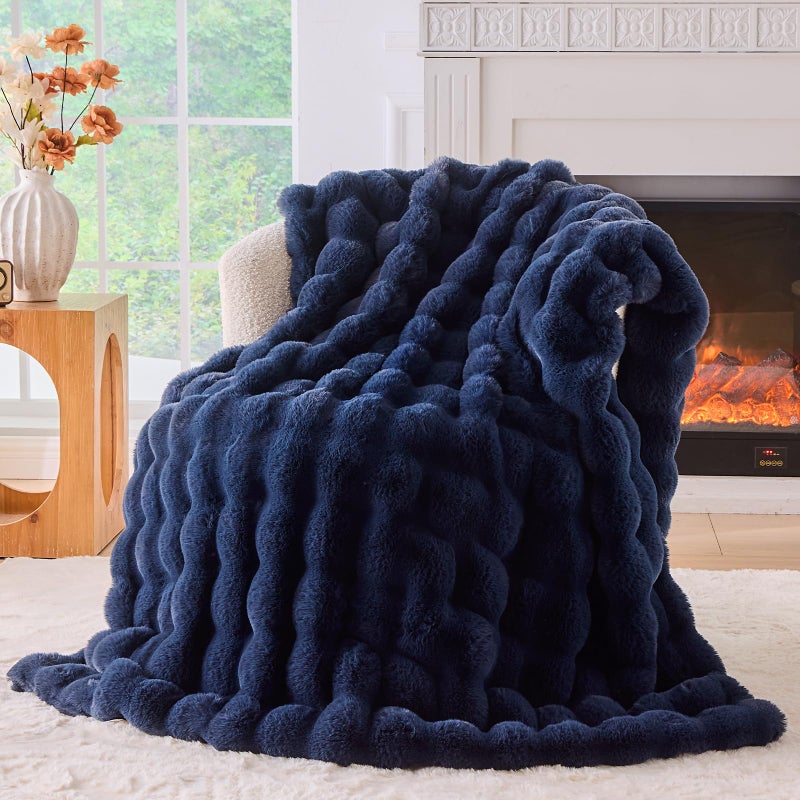 BENVWE Fluffy Faux Fur Throw Blanket for Couch, Soft Plush Thick Cozy Fuzzy Luxury Minky Bubble Blanket for Home Living Room Decor Gift for Women, Navy Blue, 51" x 63", 1100GSM - Image 1