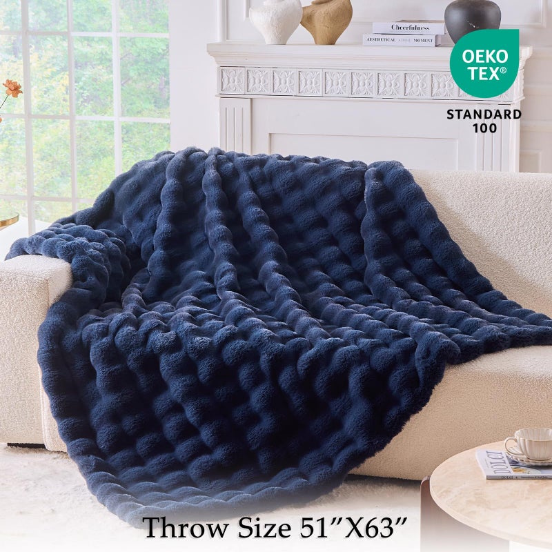 BENVWE Fluffy Faux Fur Throw Blanket for Couch, Soft Plush Thick Cozy Fuzzy Luxury Minky Bubble Blanket for Home Living Room Decor Gift for Women, Navy Blue, 51" x 63", 1100GSM - Image 2