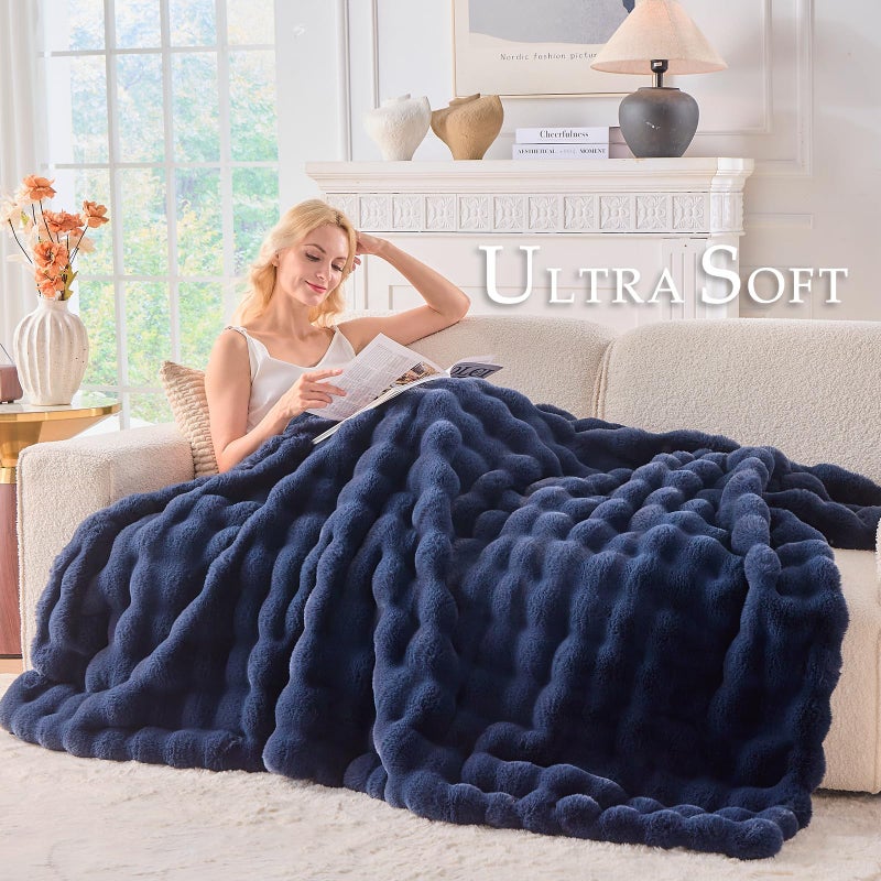 BENVWE Fluffy Faux Fur Throw Blanket for Couch, Soft Plush Thick Cozy Fuzzy Luxury Minky Bubble Blanket for Home Living Room Decor Gift for Women, Navy Blue, 51" x 63", 1100GSM - Image 3