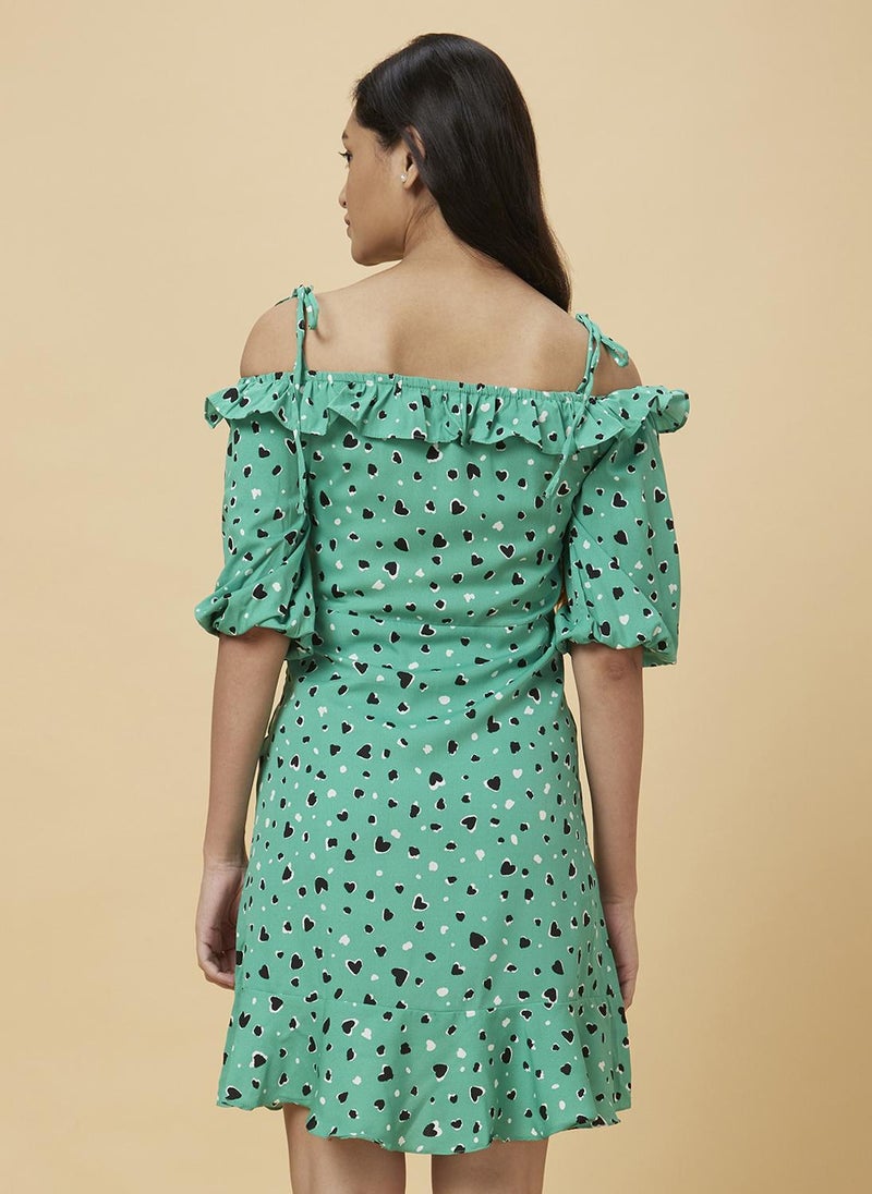 Globus Women's Dress Green Casual with Tie-Up Neck and Cold Shoulder Sleeves - Image 4