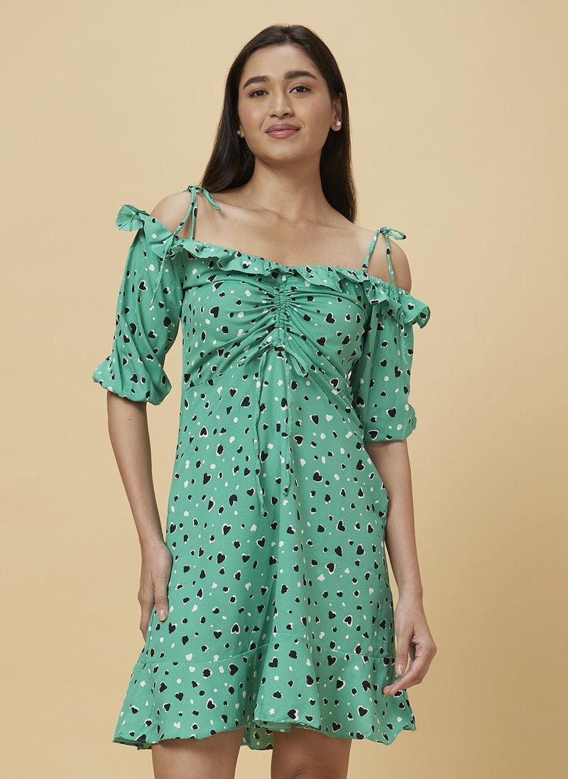 Globus Women's Dress Green Casual with Tie-Up Neck and Cold Shoulder Sleeves - Image 3