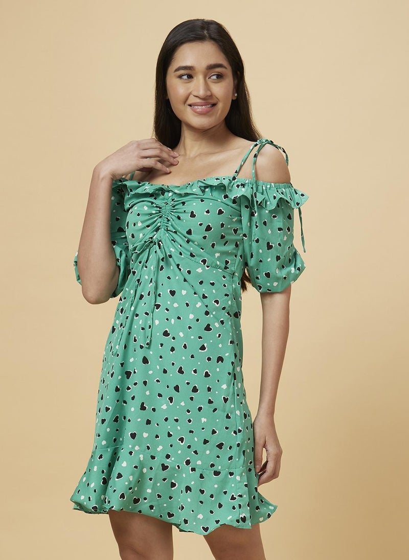 Globus Women's Dress Green Casual with Tie-Up Neck and Cold Shoulder Sleeves - Image 5