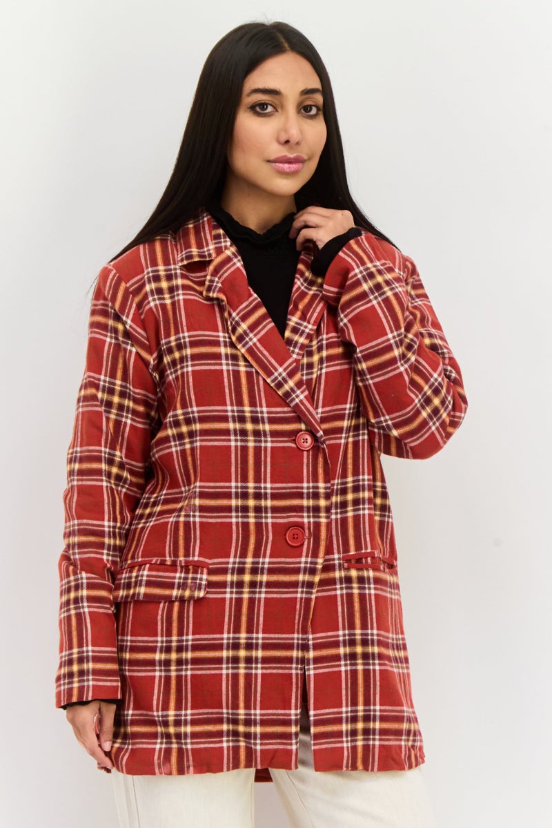 Heartbreak Women Regular Fit Plaid Semi-Formal Blazer, Rust - Image 1