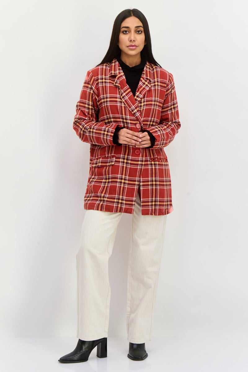 Heartbreak Women Regular Fit Plaid Semi-Formal Blazer, Rust - Image 4