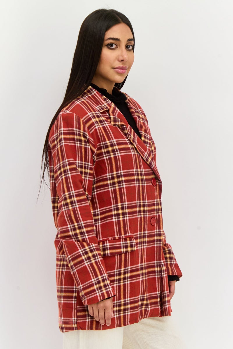 Heartbreak Women Regular Fit Plaid Semi-Formal Blazer, Rust - Image 2