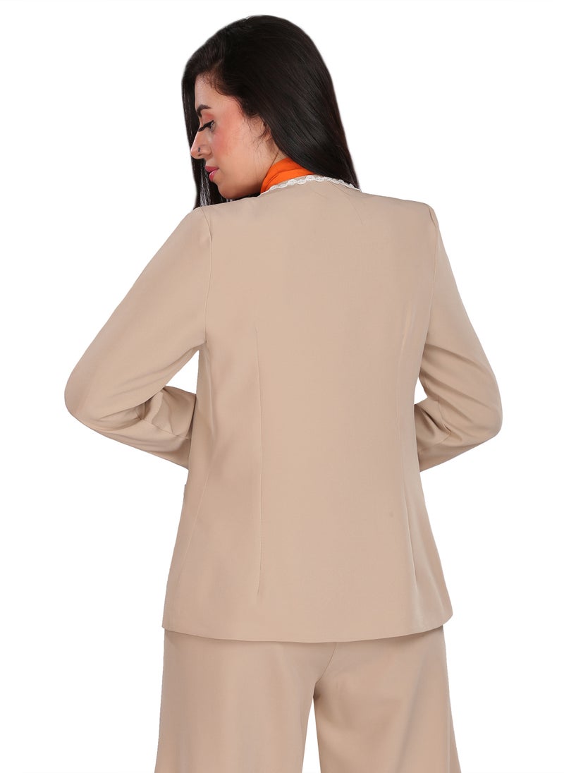 Smoky Egypt - Solid Round Neck Jacket Decorated With Guipure Tape - Beige - Image 1