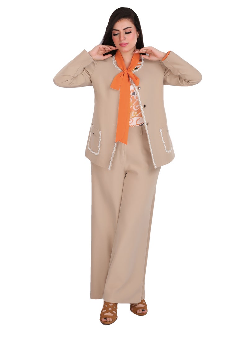 Smoky Egypt - Solid Round Neck Jacket Decorated With Guipure Tape - Beige - Image 1
