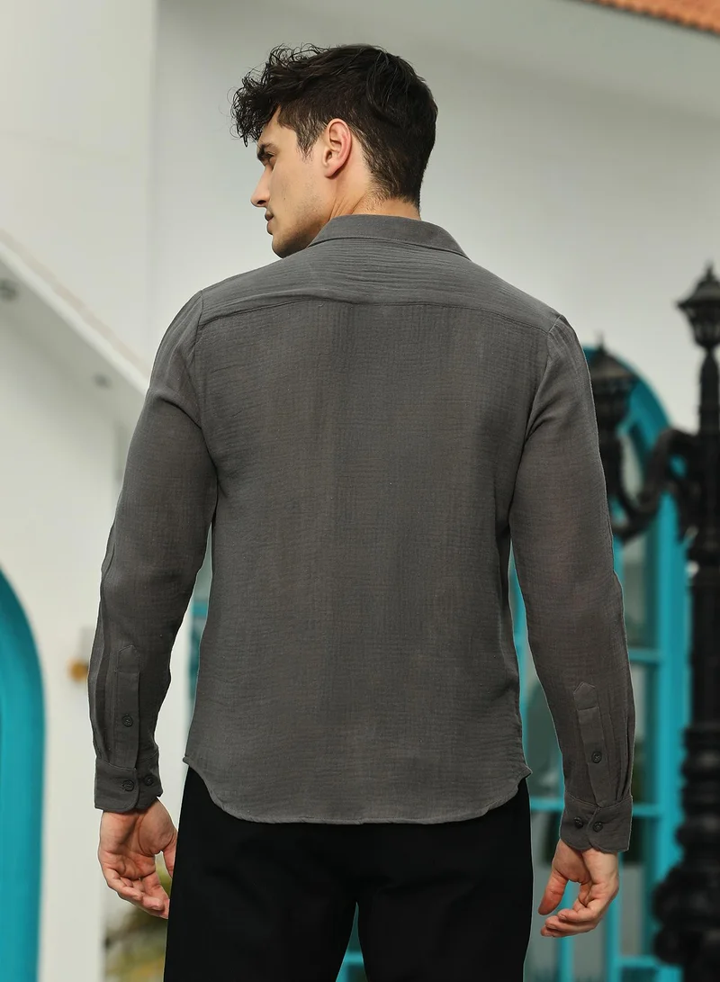 Campus Sutra Campus Sutra Men's Charcoal Grey Breezy-Weave Shirt For Casual Wear | Spread Collar | Long Cuffed Sleeves | Button Closure | Shirt Crafted With Comfort Fit For Everyday Wear