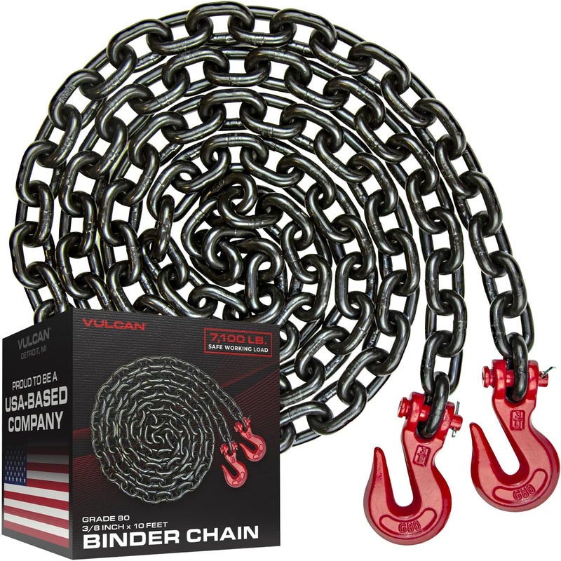 VULCAN Binder/Safety Chain with Clevis Grab Hooks - Grade 80-3/8 Inch x 10 Foot - 7,100 Pound Safe Working Load - Image 1