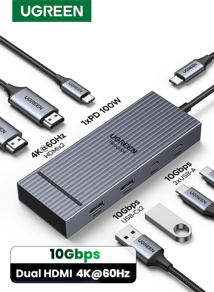 Ugreen Dual HDMI 4K@60Hz 7 in 1 USB C Hub Type C Docking Station 10Gbps Data Transfer for 2 USB C + 2 USB A 3.2, 100W Super Fast Charging LED Indicator Suitable for Windows and Mac System For Macbook Pro grey