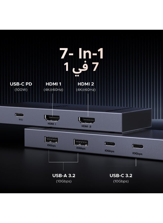 يو جرين محول USB-C ‏7 في 1 مع منفذي HDMI بدقة ‎4K@60Hz‎، قاعدة توصيل Type-C بسرعة نقل بيانات ‎10Gbps‎، مزود بمنفذي USB-C ومنفذي USB-A ‏3.2، يدعم الشحن السريع فائق القدرة ‎100W‎ مع مؤشر LED، مناسب لأنظمة ويندوز وماك، ومتوافق مع ماك بوك برو - Image 3