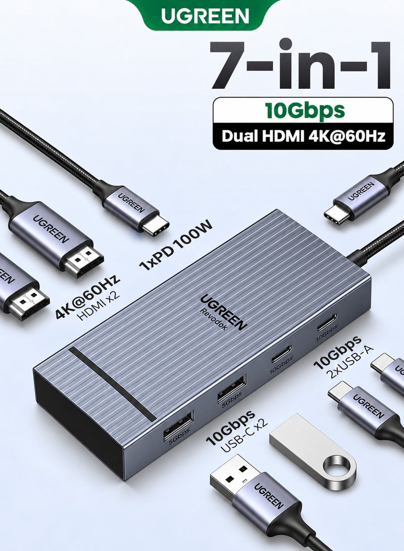 يو جرين محول USB-C ‏7 في 1 مع منفذي HDMI بدقة ‎4K@60Hz‎، قاعدة توصيل Type-C بسرعة نقل بيانات ‎10Gbps‎، مزود بمنفذي USB-C ومنفذي USB-A ‏3.2، يدعم الشحن السريع فائق القدرة ‎100W‎ مع مؤشر LED، مناسب لأنظمة ويندوز وماك، ومتوافق مع ماك بوك برو - Image 1