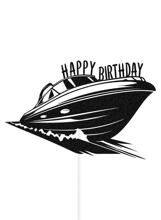 ZLPDS Speedboat Adventure Theme Happy Birthday Cake Topper Nautical Ship Birthday Party Decorations Black Glitter - Image 2