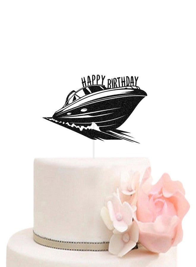 ZLPDS Speedboat Adventure Theme Happy Birthday Cake Topper Nautical Ship Birthday Party Decorations Black Glitter - Image 1