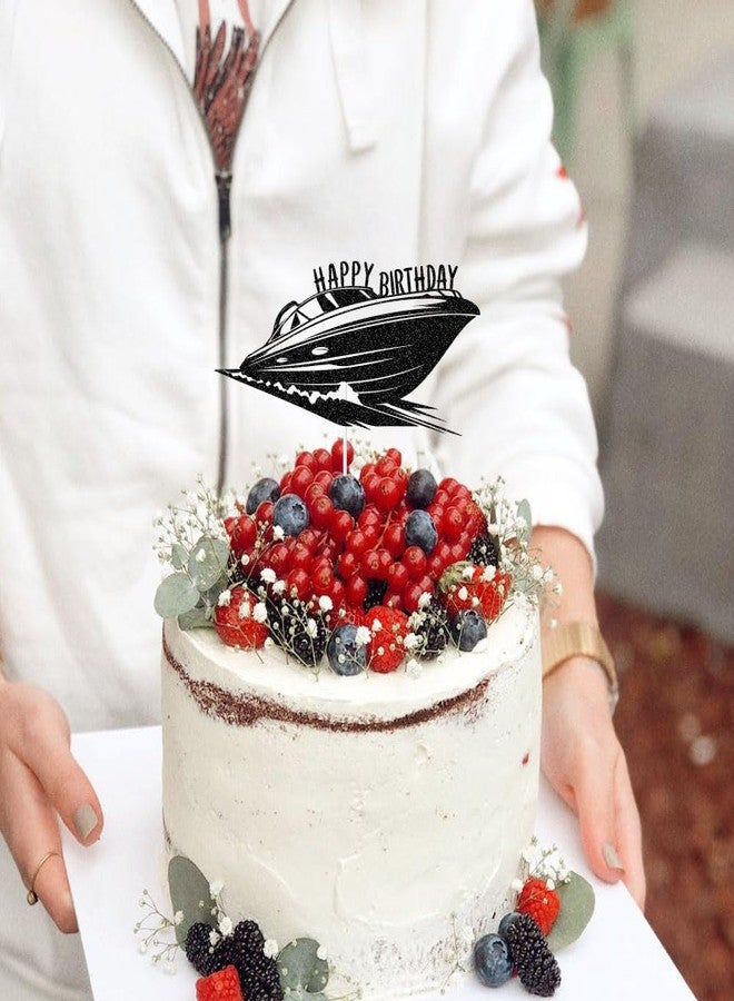 ZLPDS Speedboat Adventure Theme Happy Birthday Cake Topper Nautical Ship Birthday Party Decorations Black Glitter - Image 3