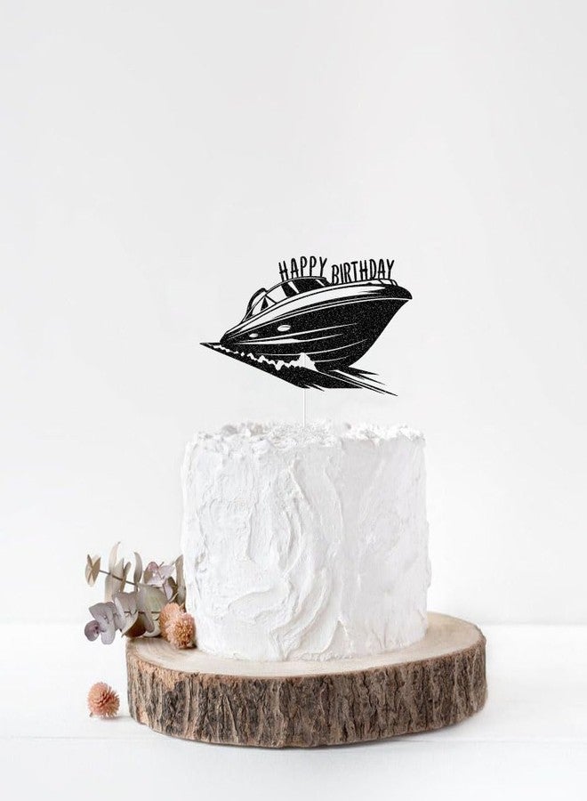 ZLPDS Speedboat Adventure Theme Happy Birthday Cake Topper Nautical Ship Birthday Party Decorations Black Glitter - Image 4