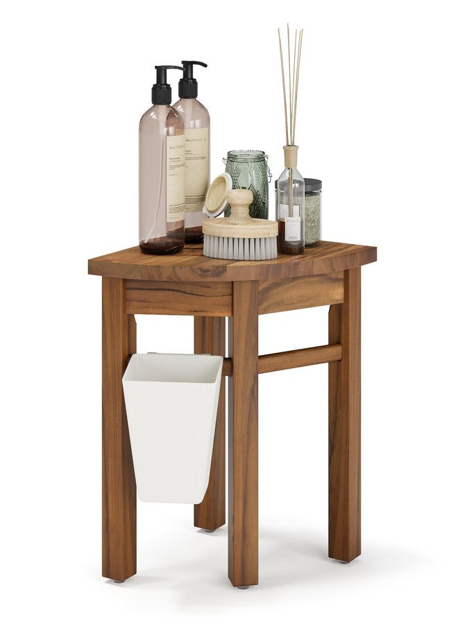 Smart Fendee Small Teak Shower Stool for Shaving Legs, Corner Shower Stools for Inside Shower, Bathroom Foot Rest with Storage Basket for Small Shower Spaces - Image 1