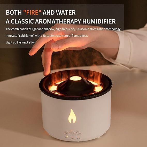 AGLAUROS AGLAUROS Volcano Flame Aromatherapy Humidifier for Home with Dual Colour Flame Orange Ice Blue Ultrasonic Essential Oil Aroma Diffuser 4 x 55 Inches 300ml Tank White - Image 2