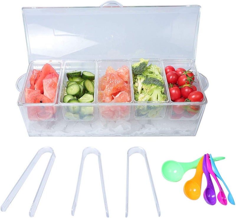MorTime Ice Chilled Condiment Server with 5 Removable Compartments, Clear Sauce Caddy Serving Tray Container with Lid, 3 Serving Spoons & 3 Tongs Included - Image 1