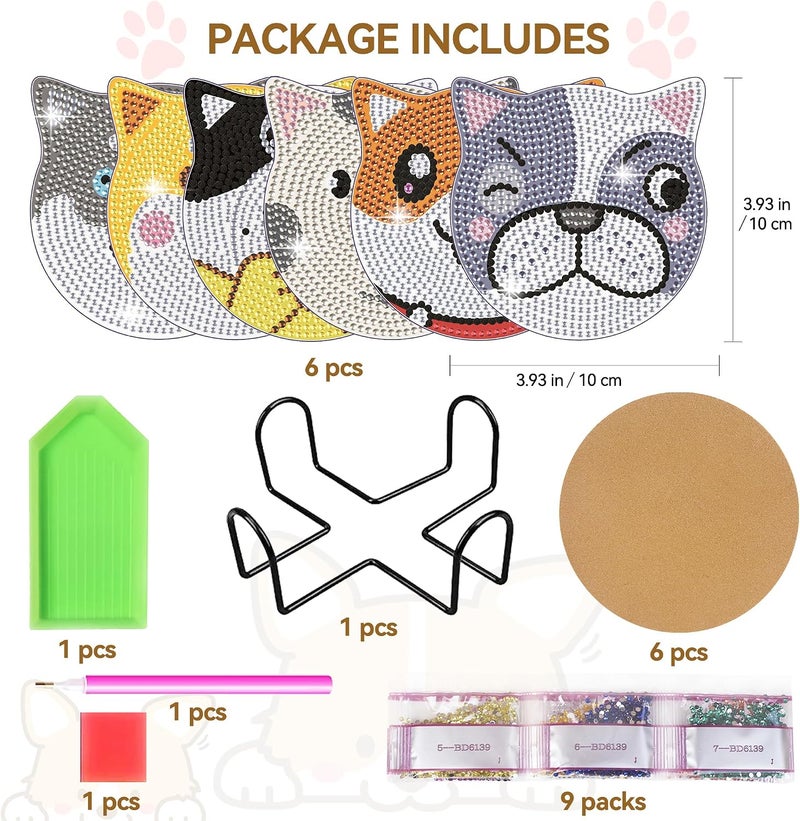 Vcekract Diamond Painting Coasters Kits, 6 Pices Dog Diamond Art Coasters with Holder, Crafts Kits for DIY Coasters, Diamond Art Kits for Adults - Image 5