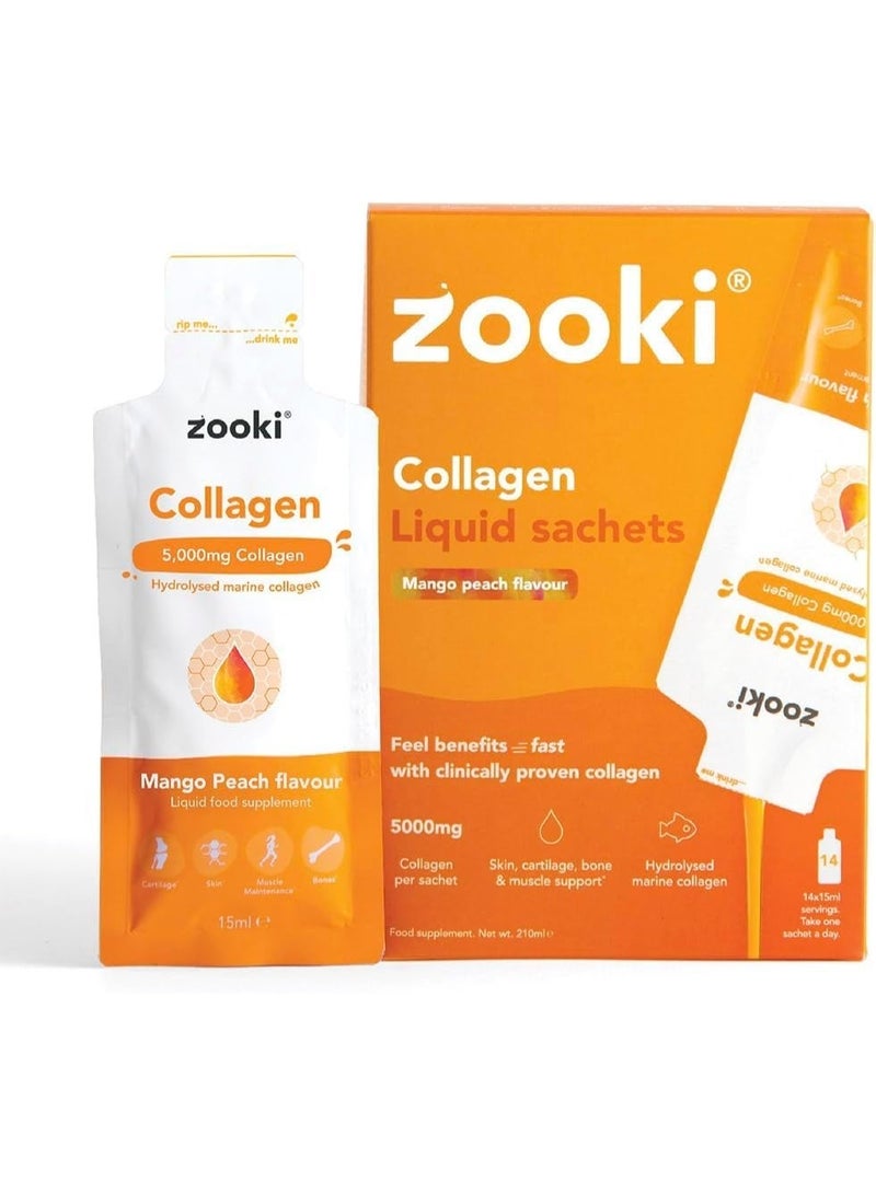 Zooki Marine Collagen Liquid Sachets 5,000mg Sugar Free – High Strength Marine Collagen Supplements for Women & Men – Skin, Joints & Hair - Mango Peach Flavour
