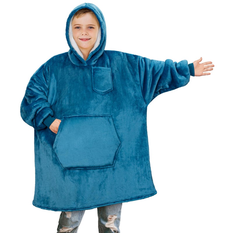 PAVILIA PAVILIA Wearable Blanket Sweatshirt Kids Boy Girl  Warm Cozy Giant Hoodie with Big Pocket and Long Sleeves  Fleece Sherpa Oversized Hooded Blanket Pullover Gift for Teens Youths  Teal Blue  - Image 1