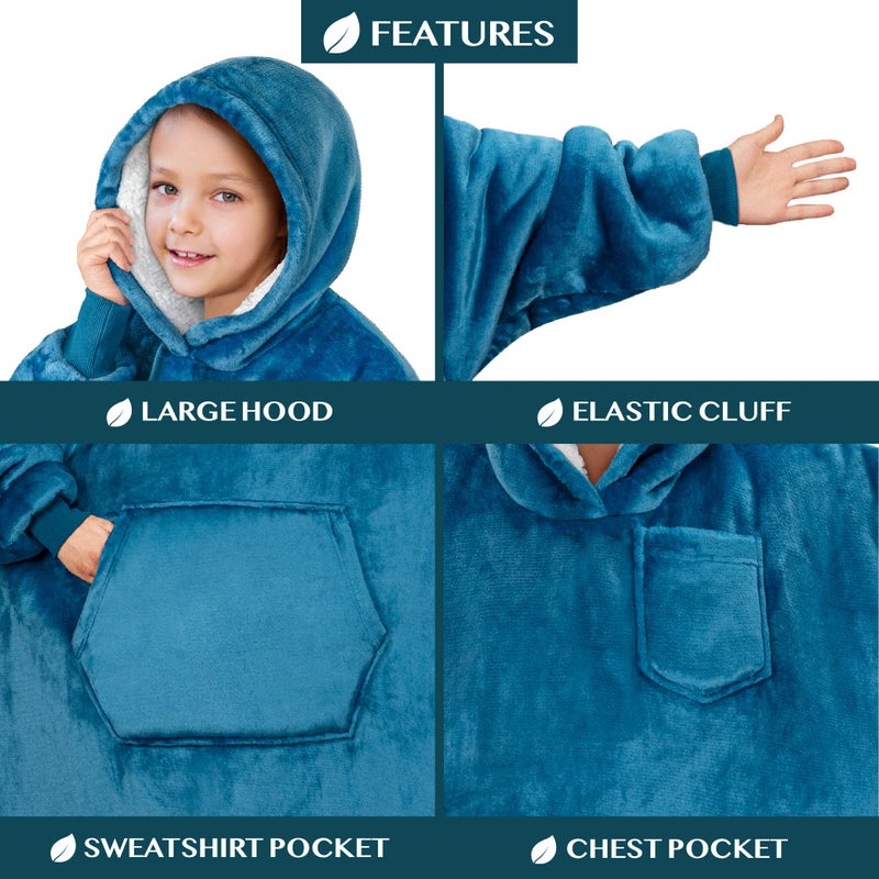 PAVILIA PAVILIA Wearable Blanket Sweatshirt Kids Boy Girl  Warm Cozy Giant Hoodie with Big Pocket and Long Sleeves  Fleece Sherpa Oversized Hooded Blanket Pullover Gift for Teens Youths  Teal Blue  - Image 2