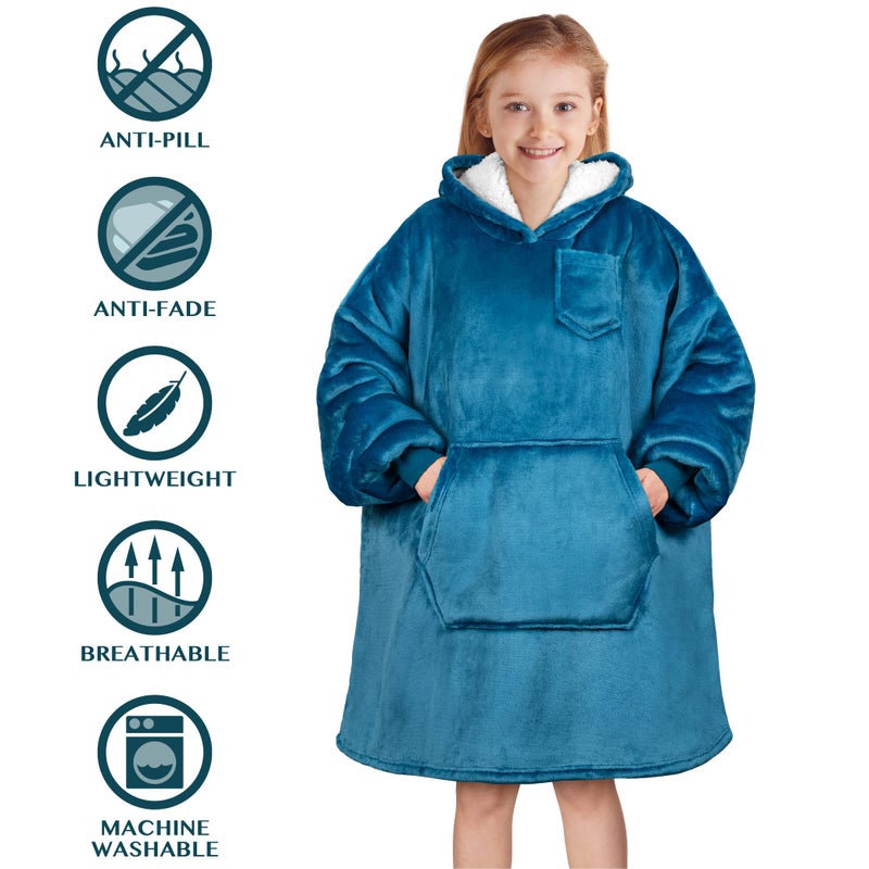 PAVILIA PAVILIA Wearable Blanket Sweatshirt Kids Boy Girl  Warm Cozy Giant Hoodie with Big Pocket and Long Sleeves  Fleece Sherpa Oversized Hooded Blanket Pullover Gift for Teens Youths  Teal Blue  - Image 5