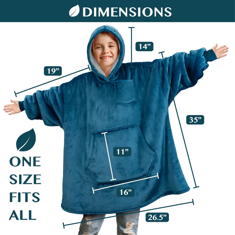 PAVILIA PAVILIA Wearable Blanket Sweatshirt Kids Boy Girl  Warm Cozy Giant Hoodie with Big Pocket and Long Sleeves  Fleece Sherpa Oversized Hooded Blanket Pullover Gift for Teens Youths  Teal Blue  - Image 4