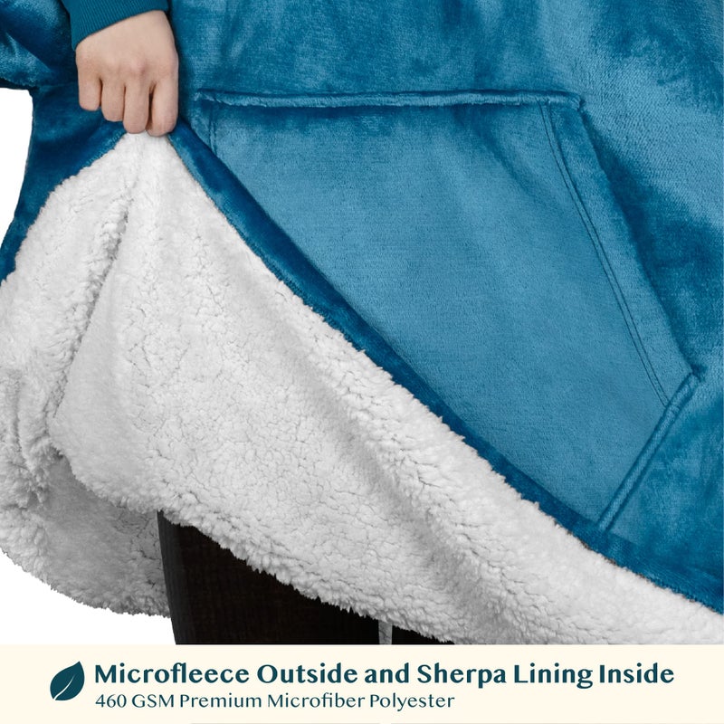 PAVILIA PAVILIA Wearable Blanket Sweatshirt Kids Boy Girl  Warm Cozy Giant Hoodie with Big Pocket and Long Sleeves  Fleece Sherpa Oversized Hooded Blanket Pullover Gift for Teens Youths  Teal Blue  - Image 3