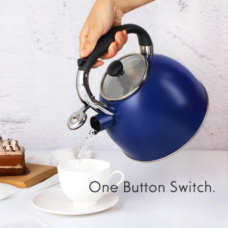 Rorence Stainless Steel Tea Kettle: 2.6 Quart Whistling Kettle with Capsule Bottom & Heat-resistant Glass Lid – Navy Blue - Image 5