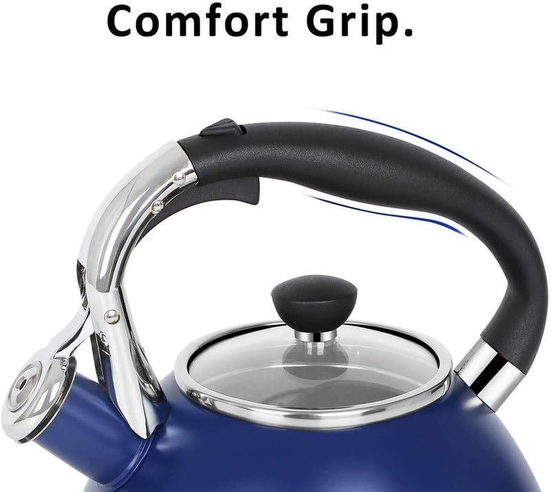 Rorence Stainless Steel Tea Kettle: 2.6 Quart Whistling Kettle with Capsule Bottom & Heat-resistant Glass Lid – Navy Blue - Image 4