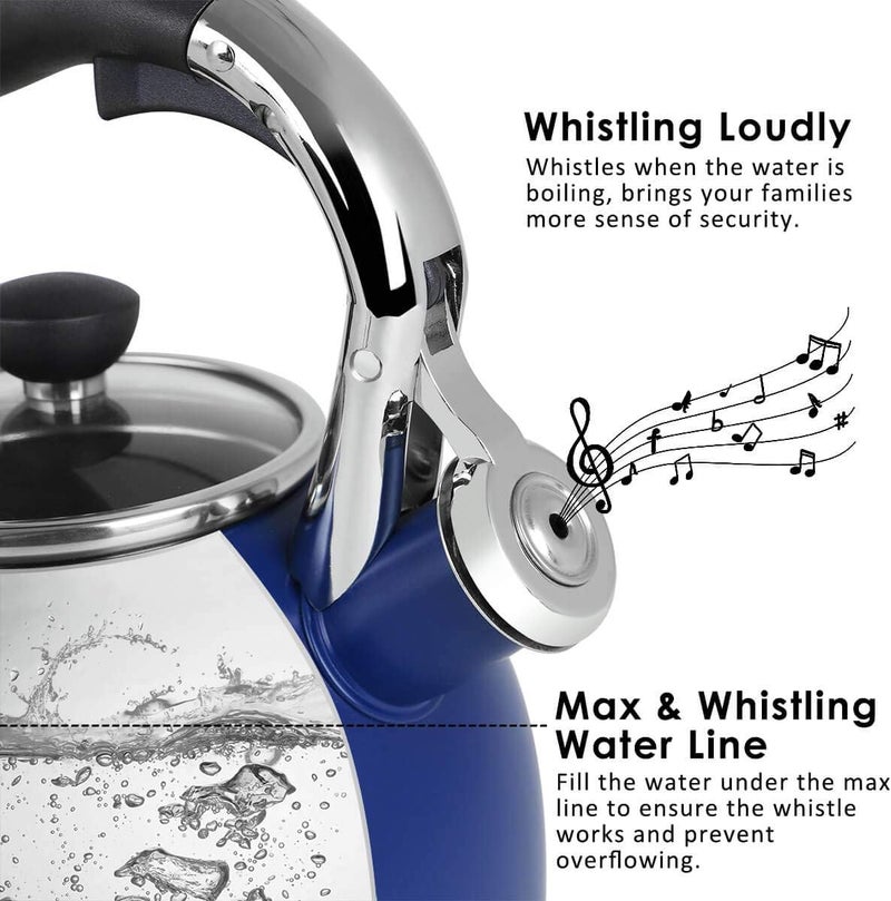 Rorence Stainless Steel Tea Kettle: 2.6 Quart Whistling Kettle with Capsule Bottom & Heat-resistant Glass Lid – Navy Blue - Image 2