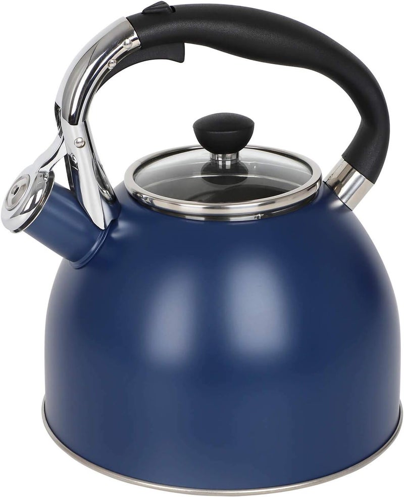 Rorence Stainless Steel Tea Kettle: 2.6 Quart Whistling Kettle with Capsule Bottom & Heat-resistant Glass Lid – Navy Blue - Image 1