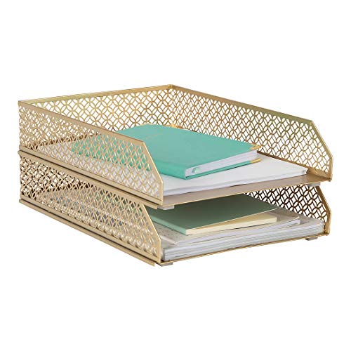 BLU MONACO Gold File Organizer Stackable Paper Tray Set of 2 for Desk Office Inbox Letter Trays Gold Desk Organizer