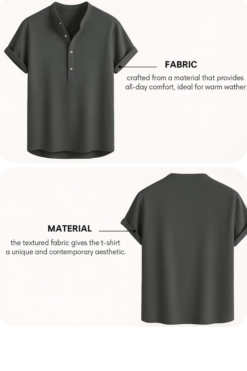latest chikan Latest CHIKNA Men's Casual Mandarian Collar T Shirts Short Sleeve Bubble Textured Short Kurta Fashion Beach Summer Kurta,SK-CRC-CR-GY-38 Aqua Grey - Image 4