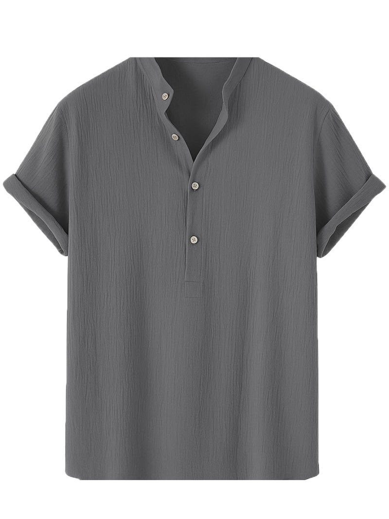 latest chikan Latest CHIKNA Men's Casual Mandarian Collar T Shirts Short Sleeve Bubble Textured Short Kurta Fashion Beach Summer Kurta,SK-CRC-CR-GY-38 Aqua Grey - Image 1
