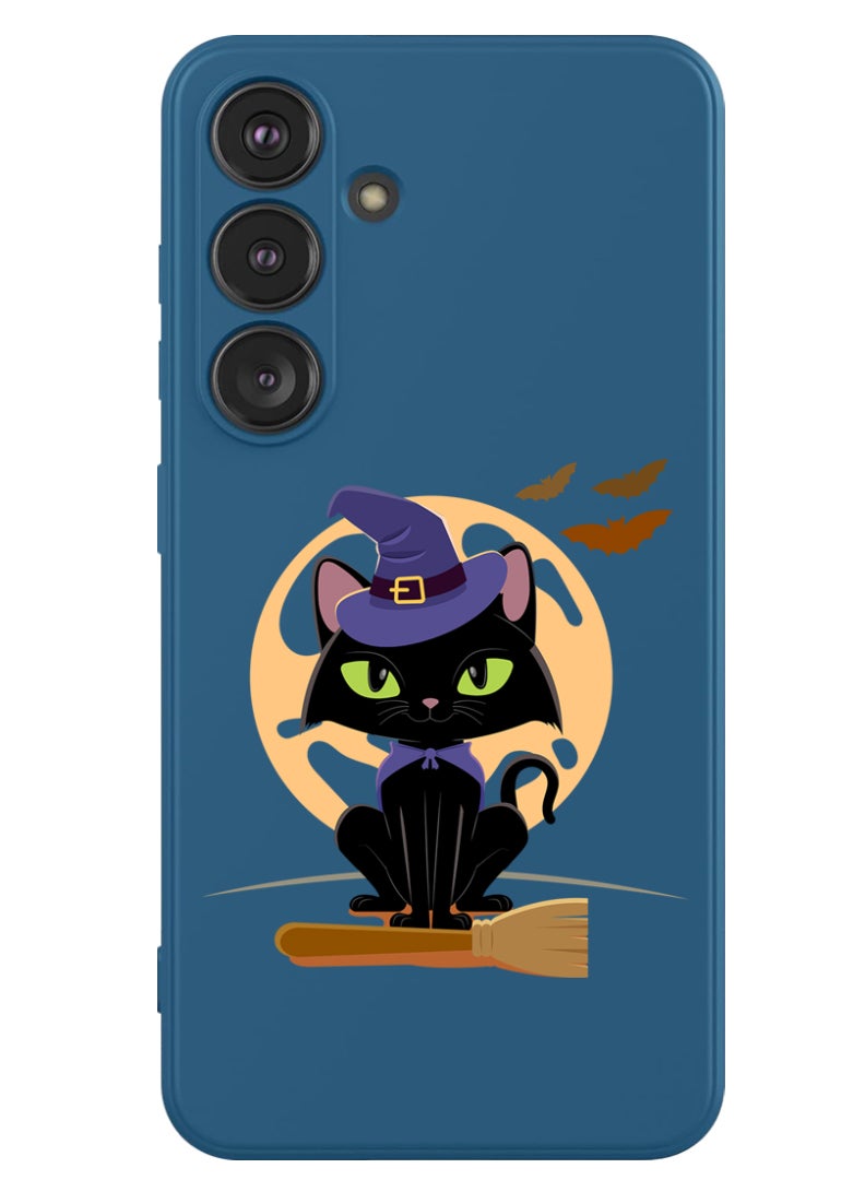 Theodor Protective Slim Fit Case Liquid Silicone Cover with Full Body Protection Anti-Scratch Shockproof Case For Samsung Galaxy S24 Plus (Blue) - Cat Halloween with broom - Image 1